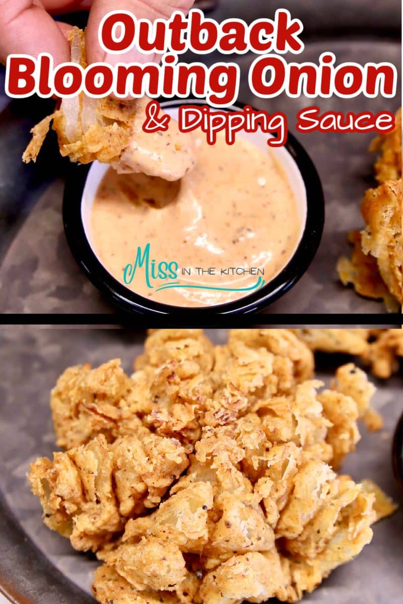 Collage: blooming onion dipping in sauce/on platter - text overlay.