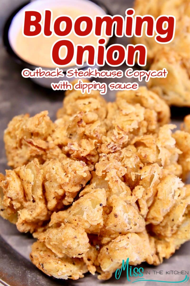 Blooming onion on a platter- text overlay.