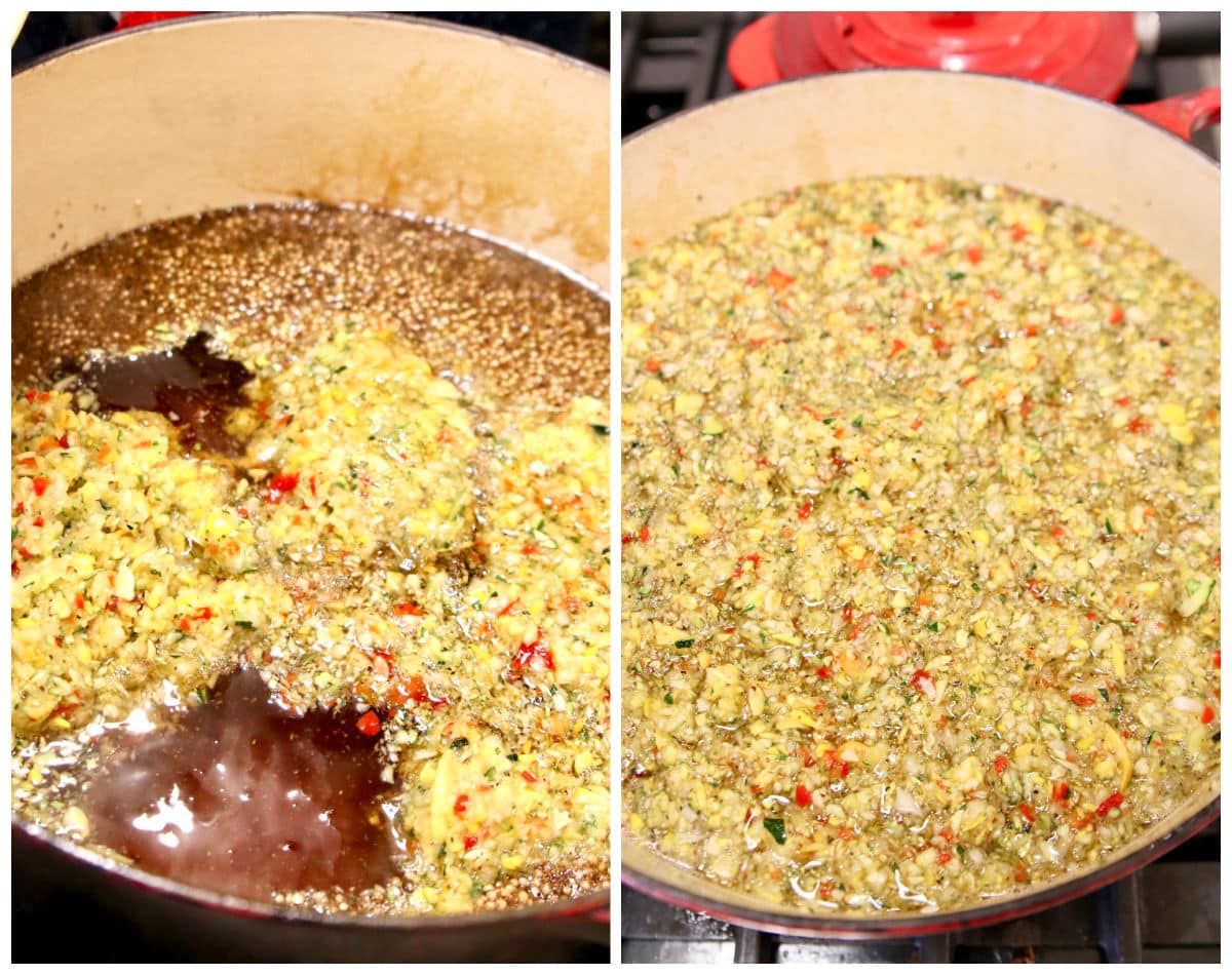 Cooking squash relish in brine, collage.