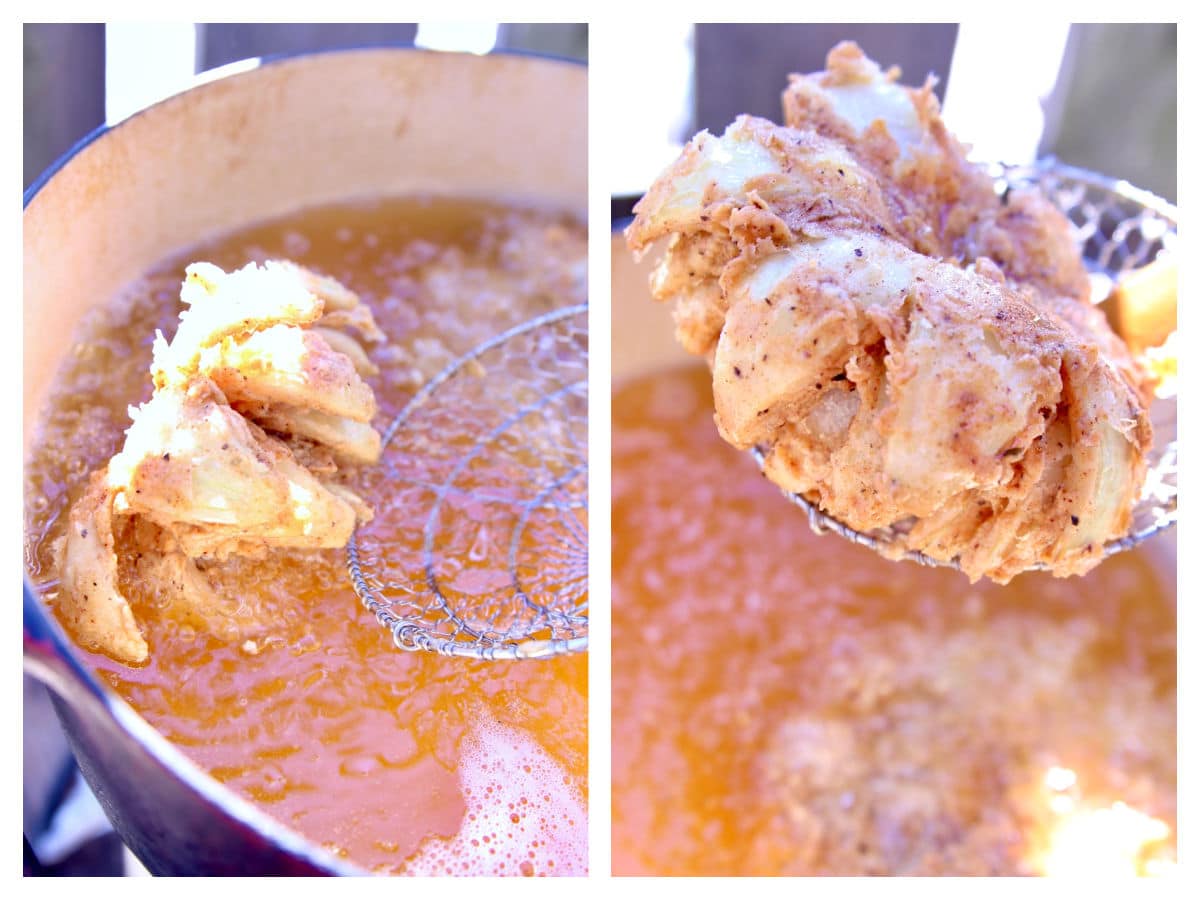 Collage frying blooming onions.