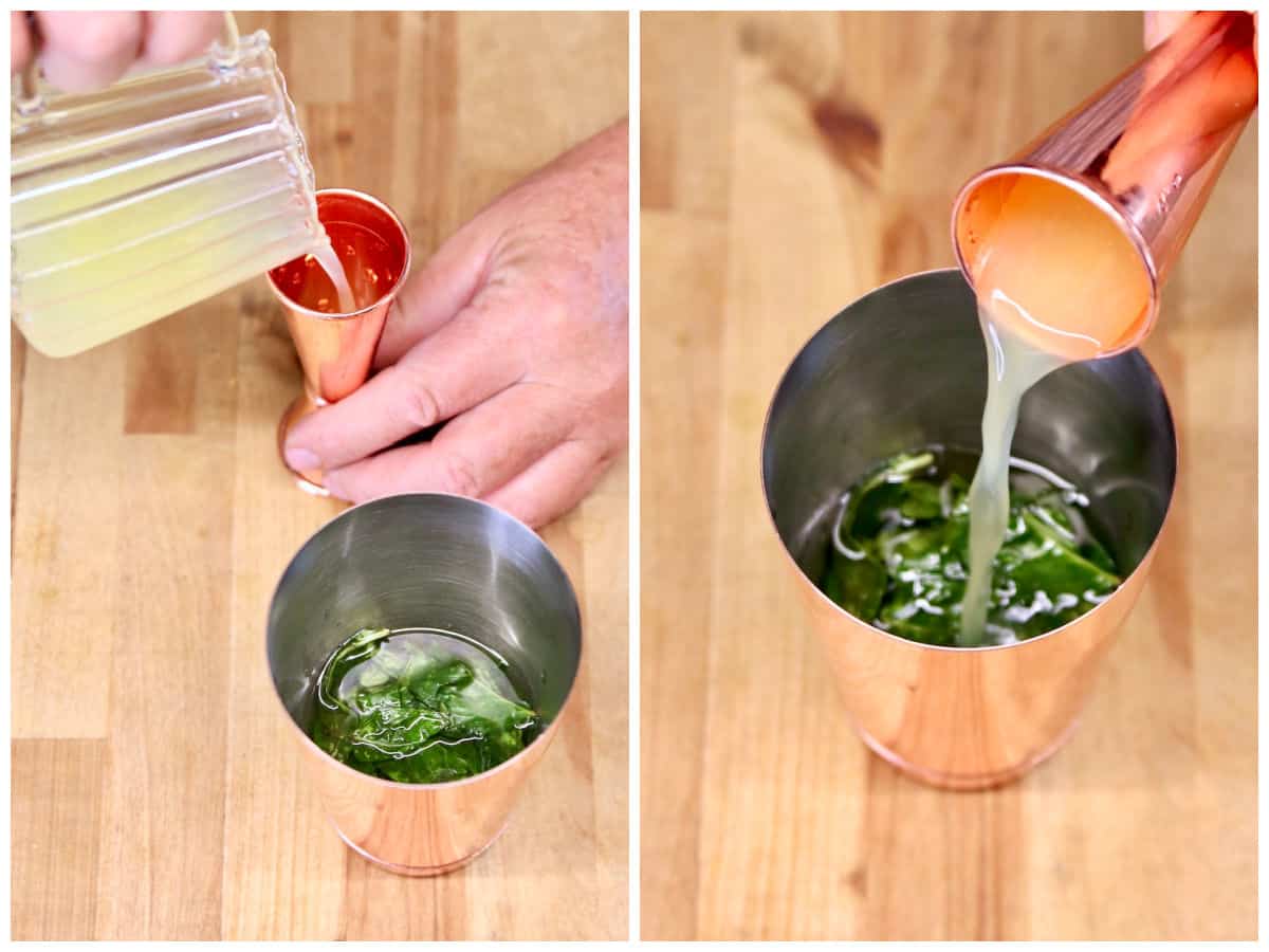 Measuring and pouring lemon juice into cocktail shaker.