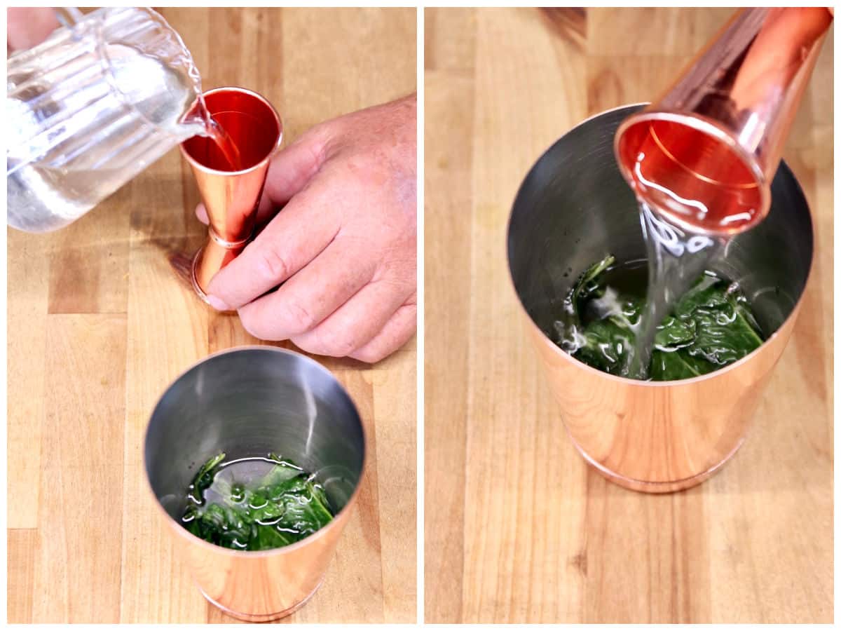 Measuring and adding simple syrup to a cocktail shaker.