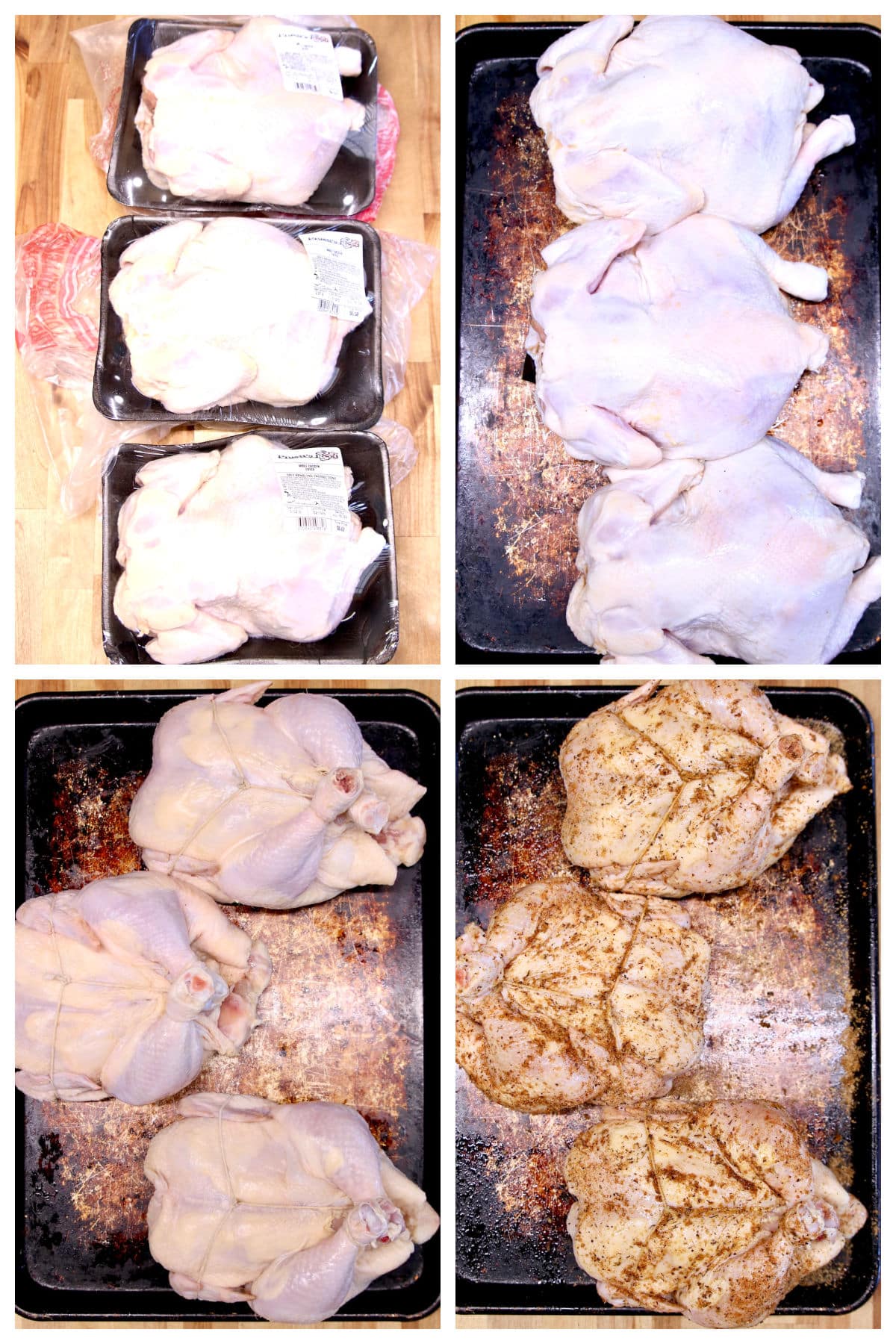 Collage preparing whole chickens for grilling.