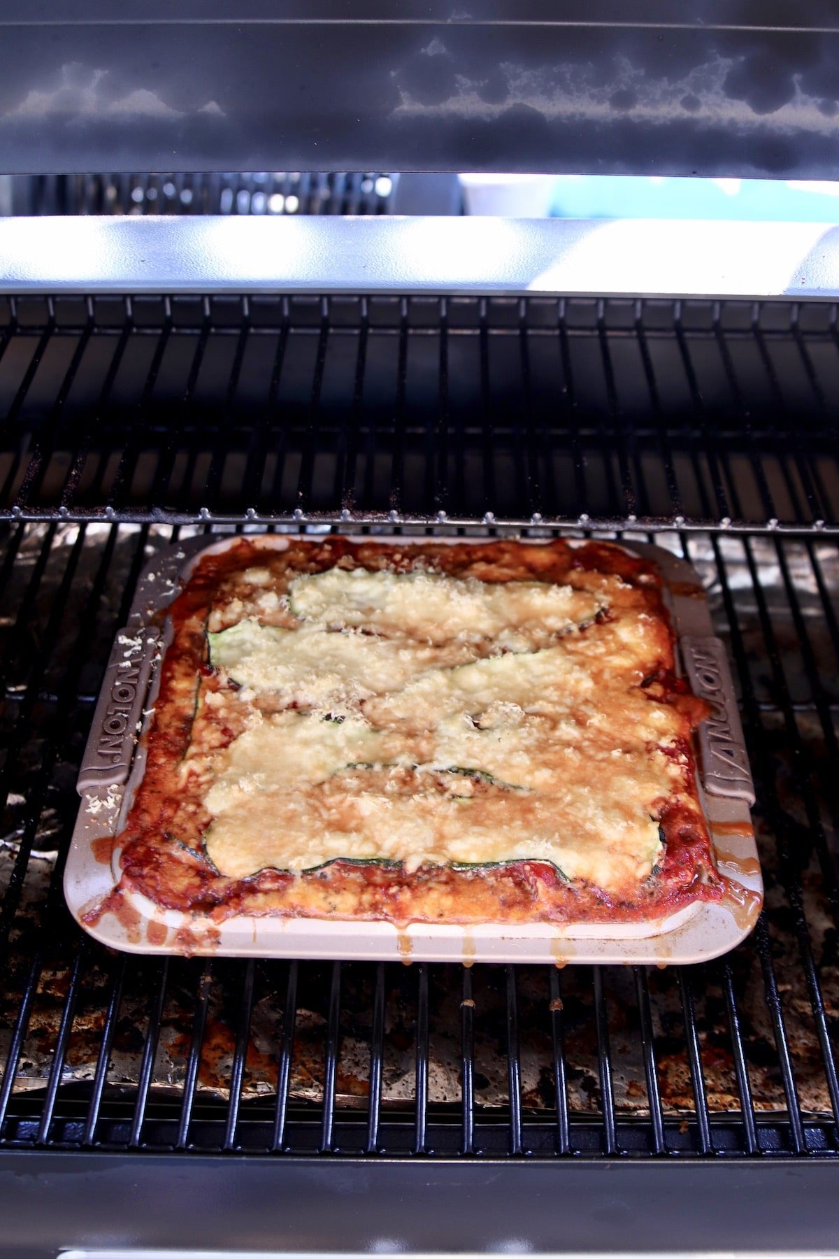 Grilled lasagna on a pellet grill.