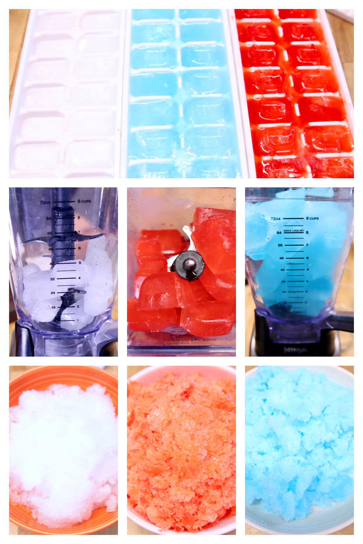 Collage making frozen red, white and blue slush cocktails.