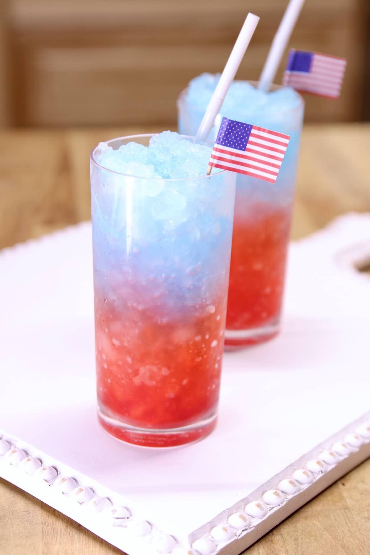 2 glasses with red, white and blue layers.