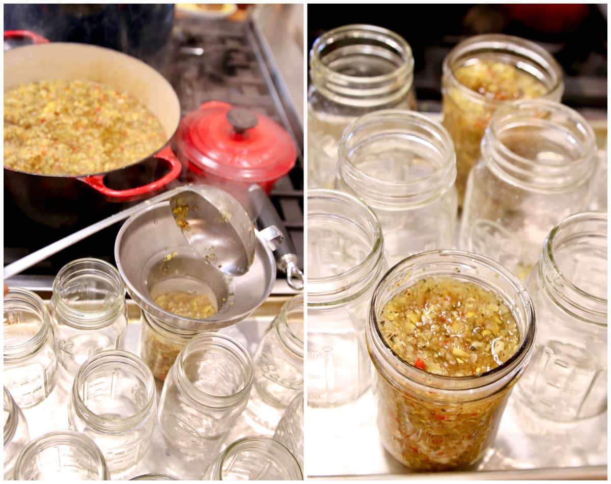 Filling canning jars with hot squash relish.