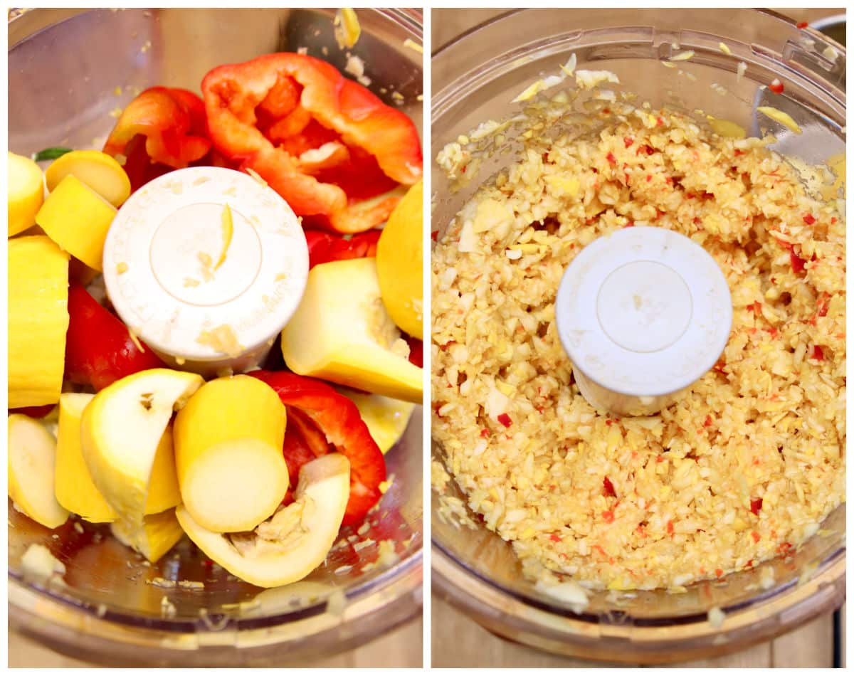 Collage grinding squash and bell peppers in a food processor.