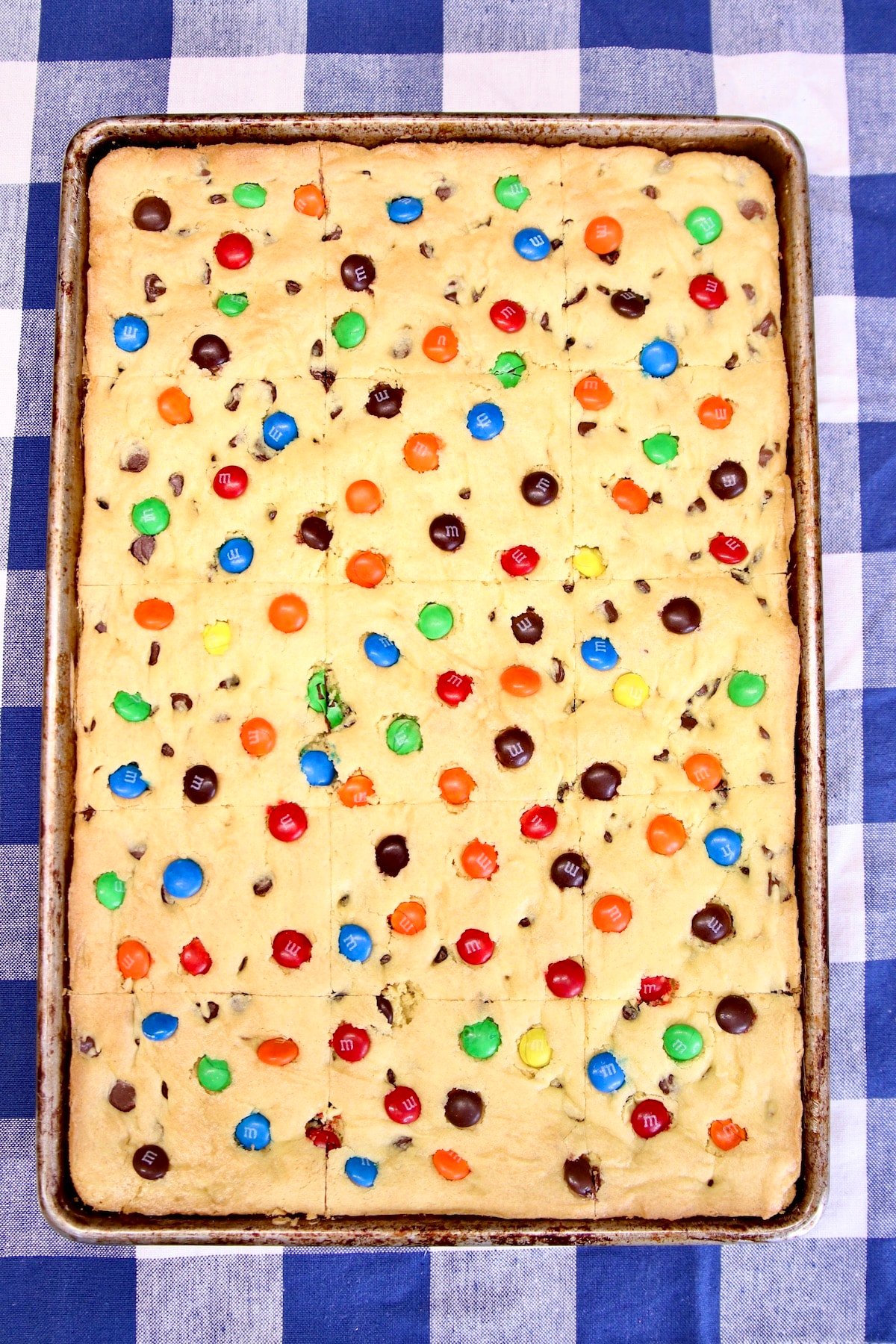 Cake mix bars with chocolate chips and M&M's.