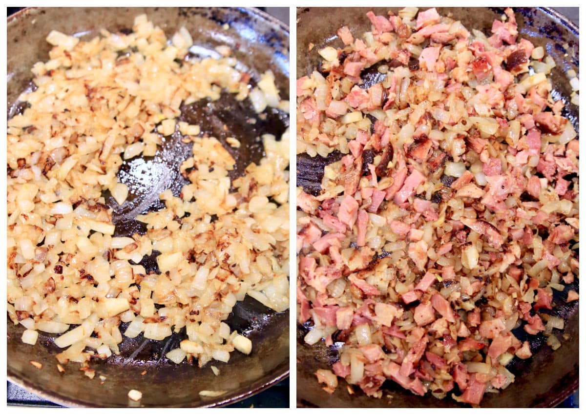 Cooking diced onions and chopped ham in a skillet - collage.
