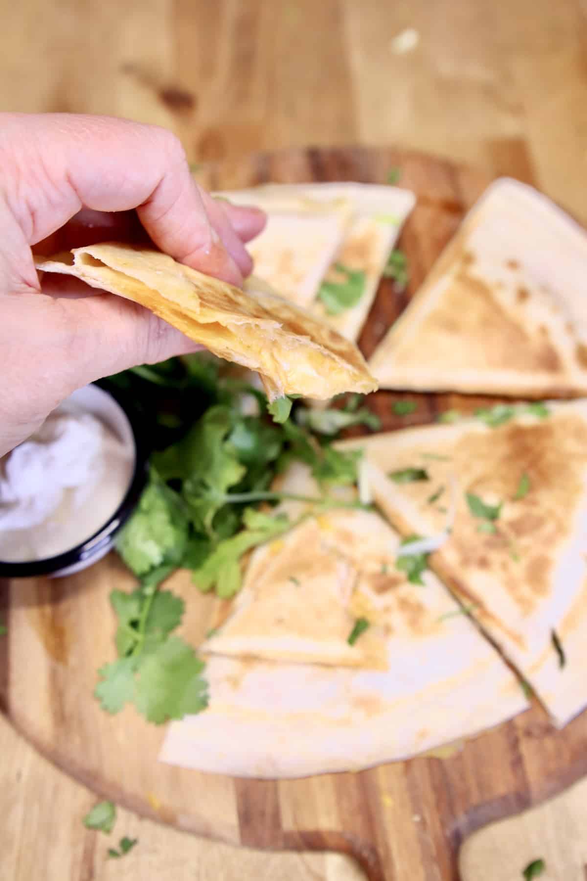 Hand holding chicken and cheese quesadilla.