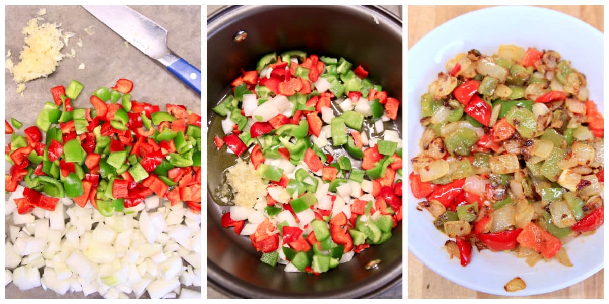 Collage: diced peppers, onions, garlic / cooking in a pan / in a bowl.