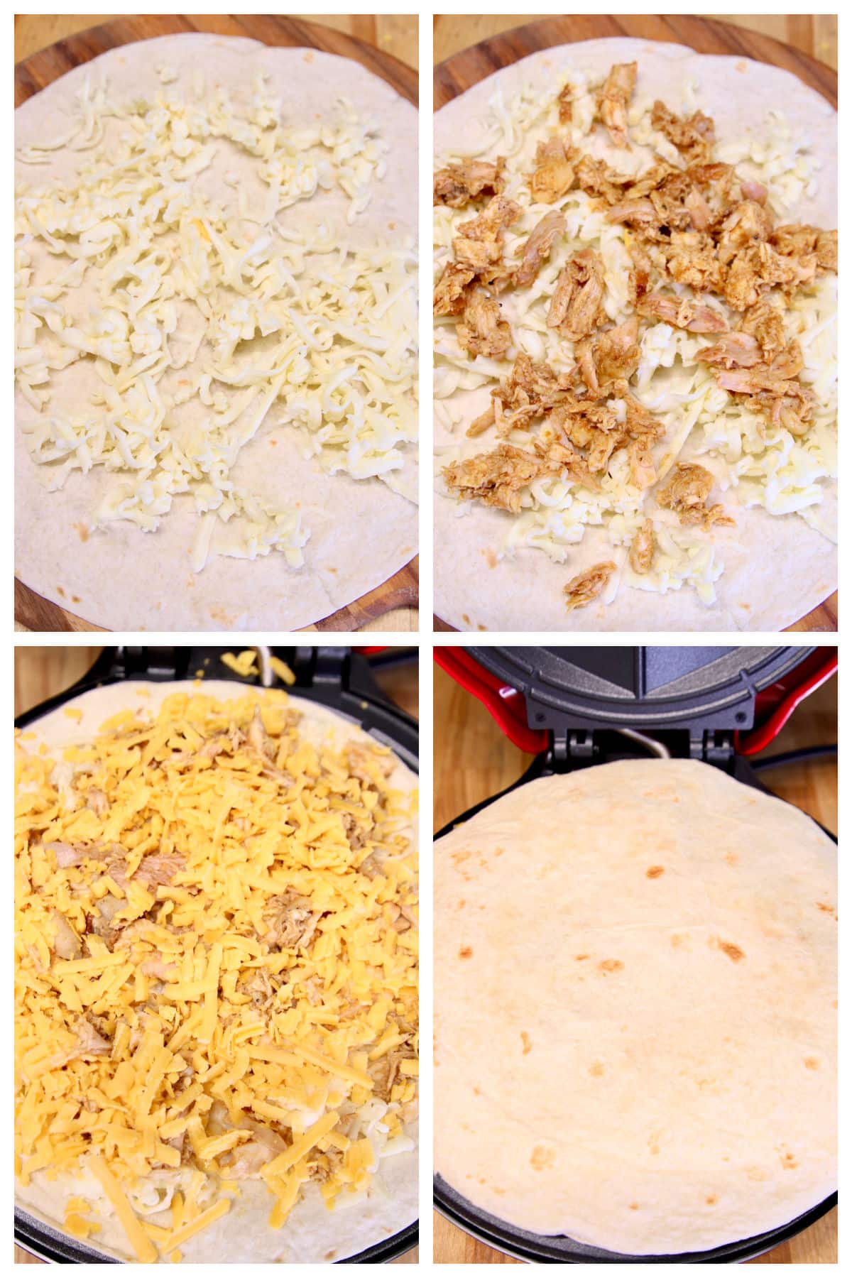 Collage making chicken and cheese quesadillas.
