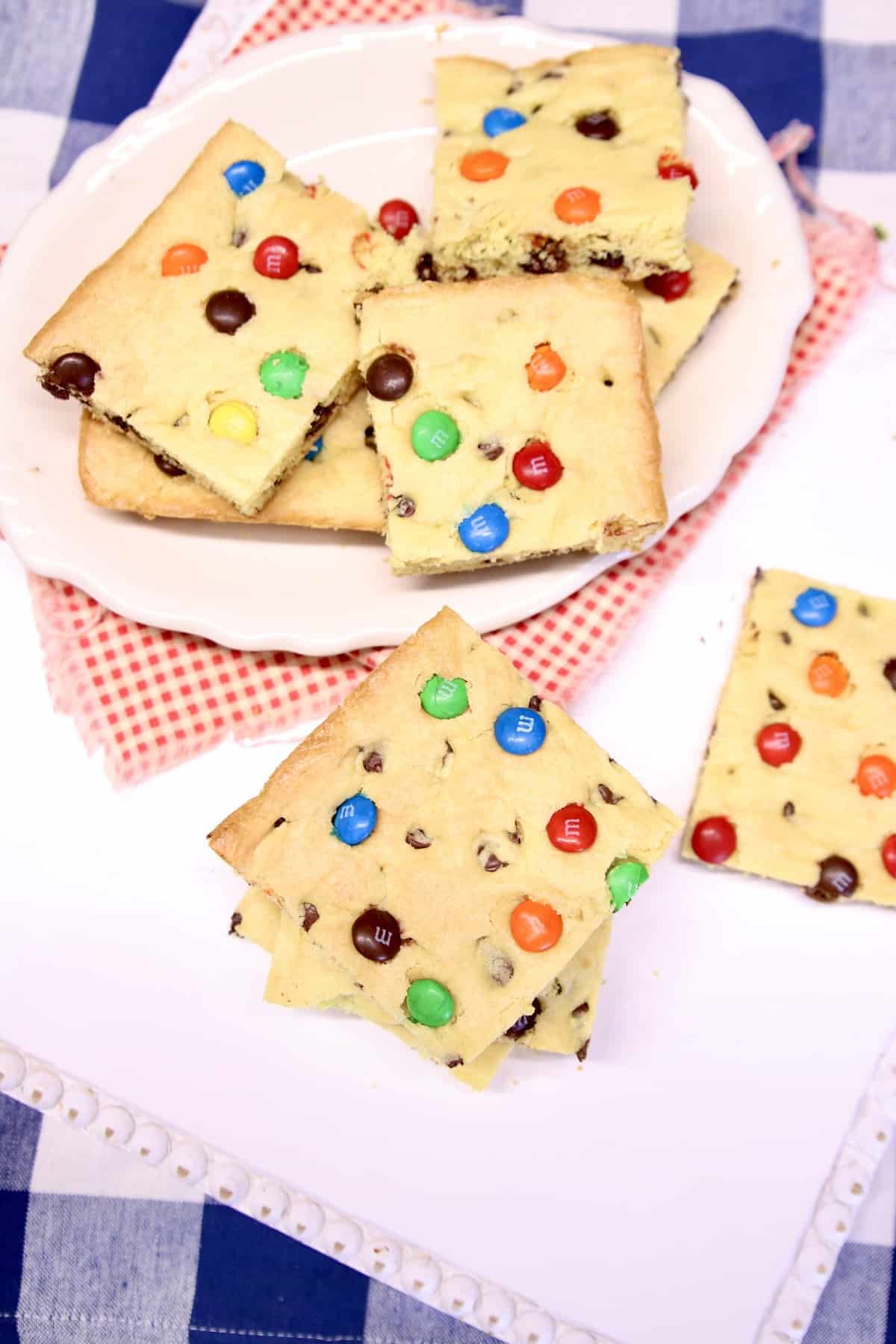 Cake mix bars with chocolate chips and m&m's.