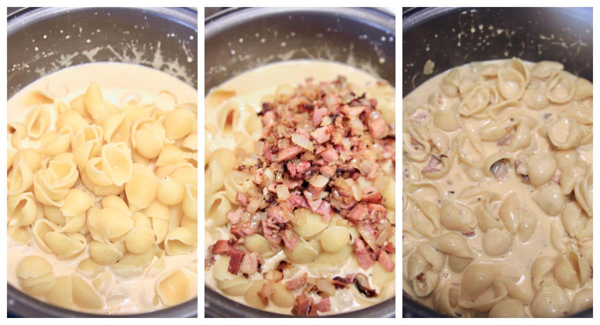 Collage adding pasta, ham to white cheddar sauce.