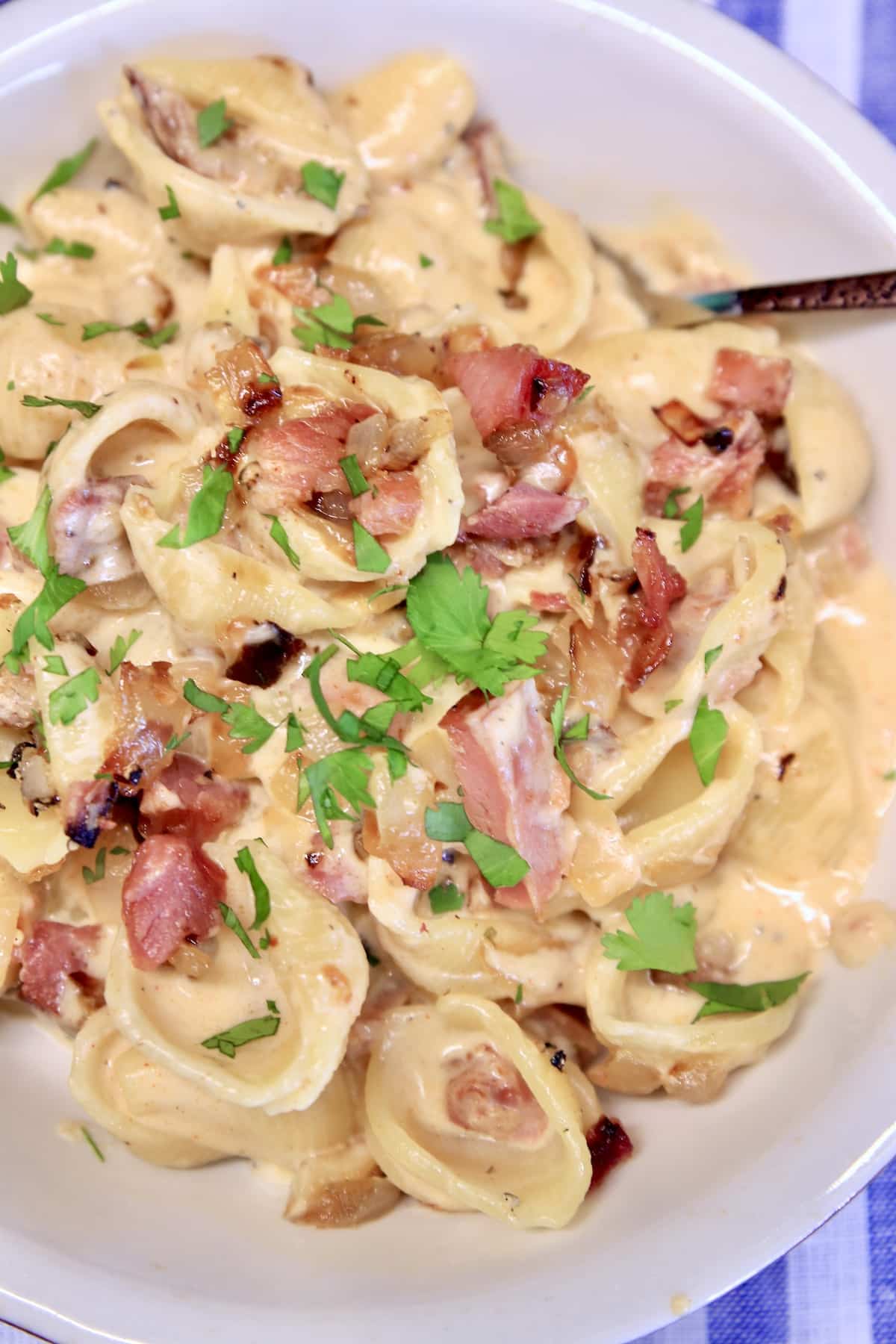 Bowl of cheesy pasta shells with ham and parsley.