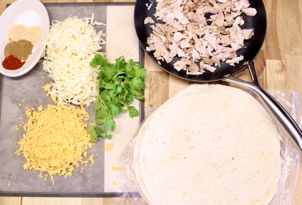 Ingredients for chicken quesadillas.