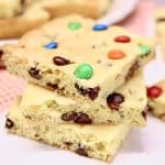 Cake mix bars with M&M's stacked.