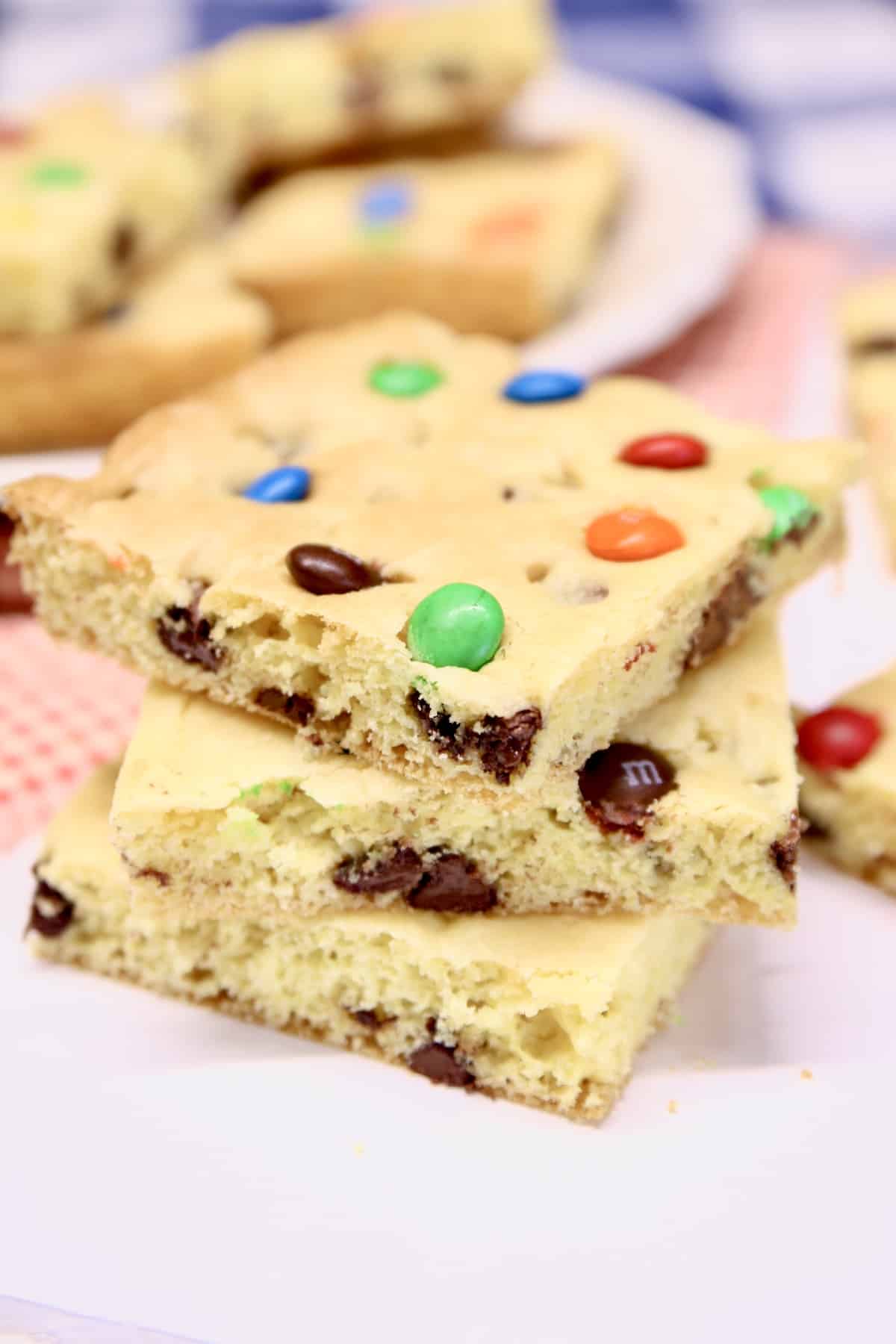 Stack of m&ms cake mix bars.