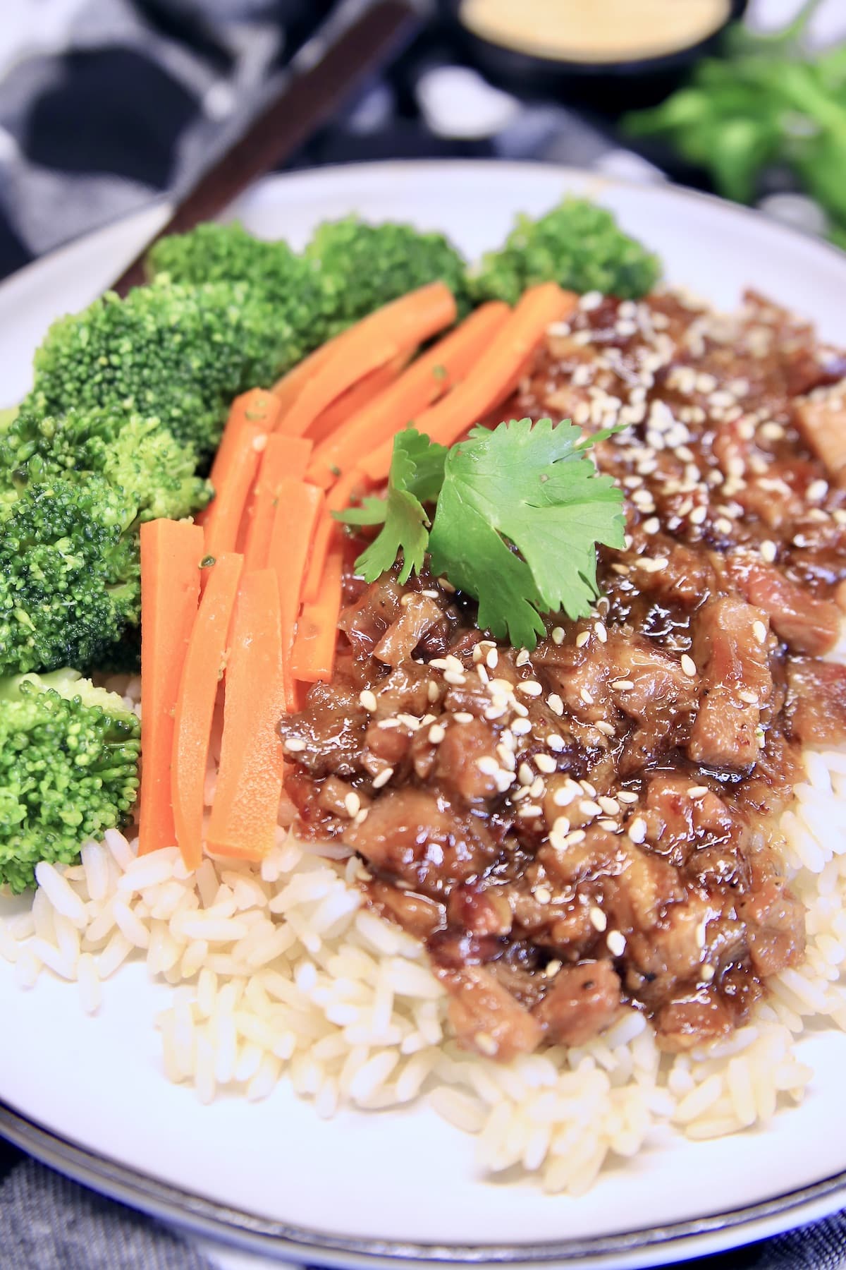 Plate of rice with Mongolian pork, broccoli and carrots.