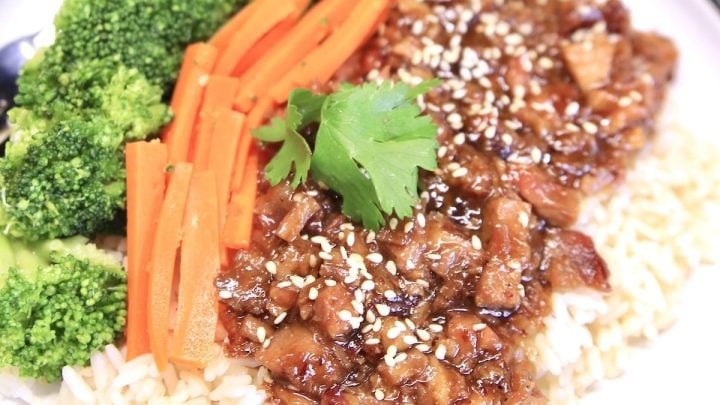 Mongolian Pork with broccoli and carrots over rice.
