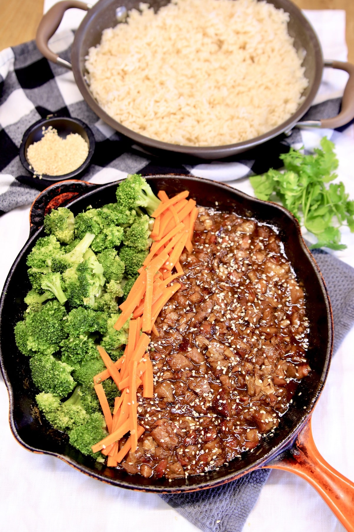 Skillet with Mongolian pork, broccoli, carrots.