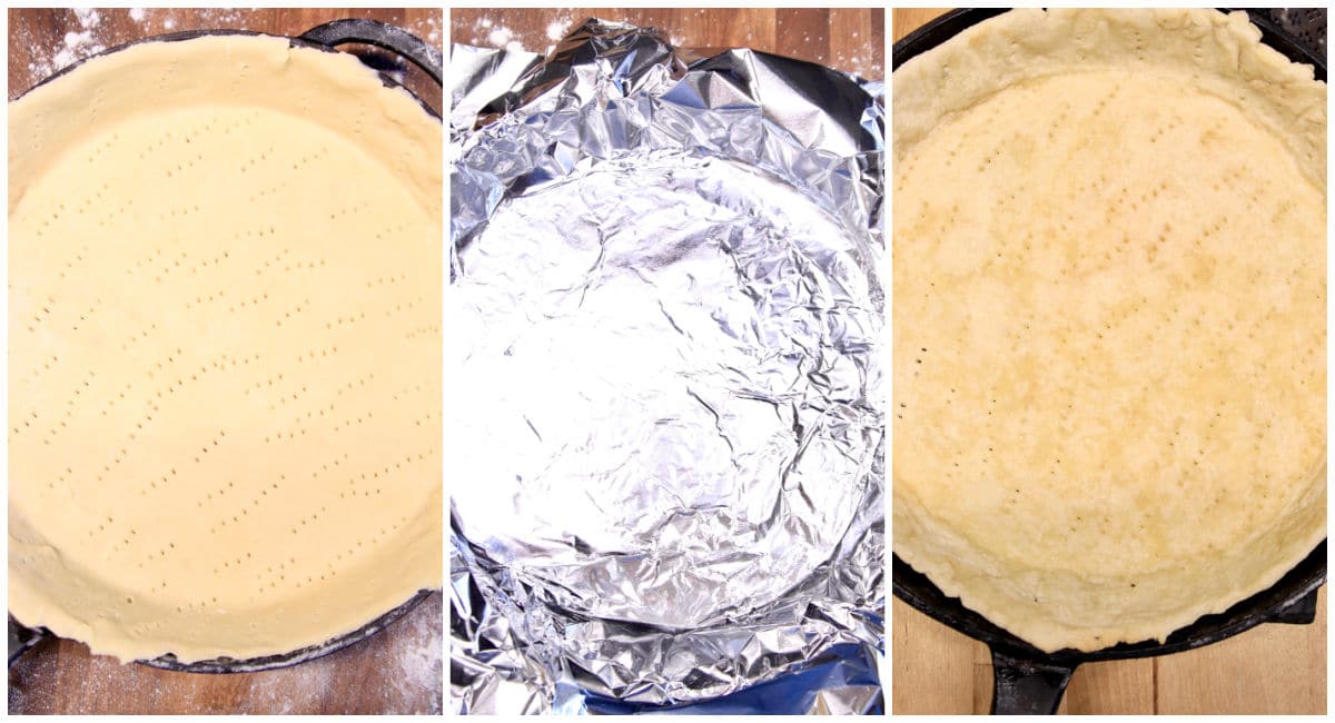 Blind baking pie crust collage with foil.