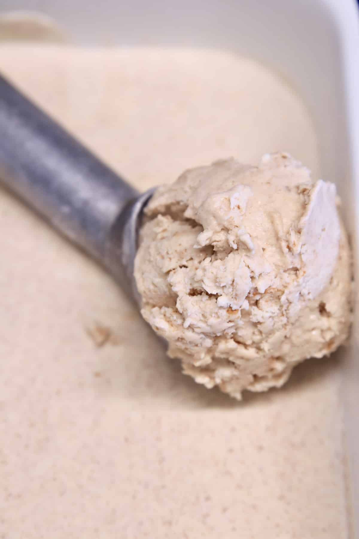 Ice cream scoop with cinnamon ice cream.