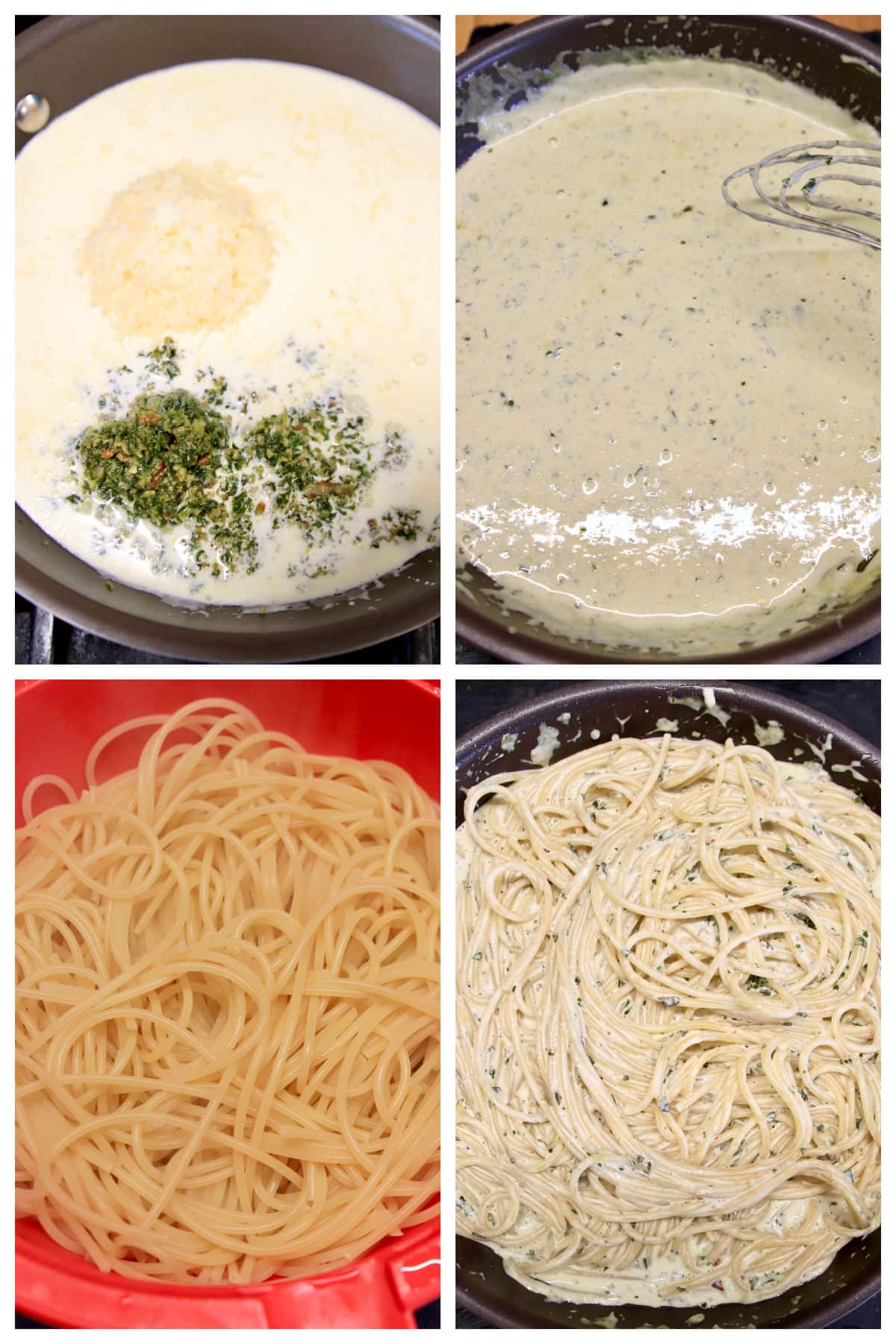Making creamy pesto spaghetti, sauce/pasta image collage.