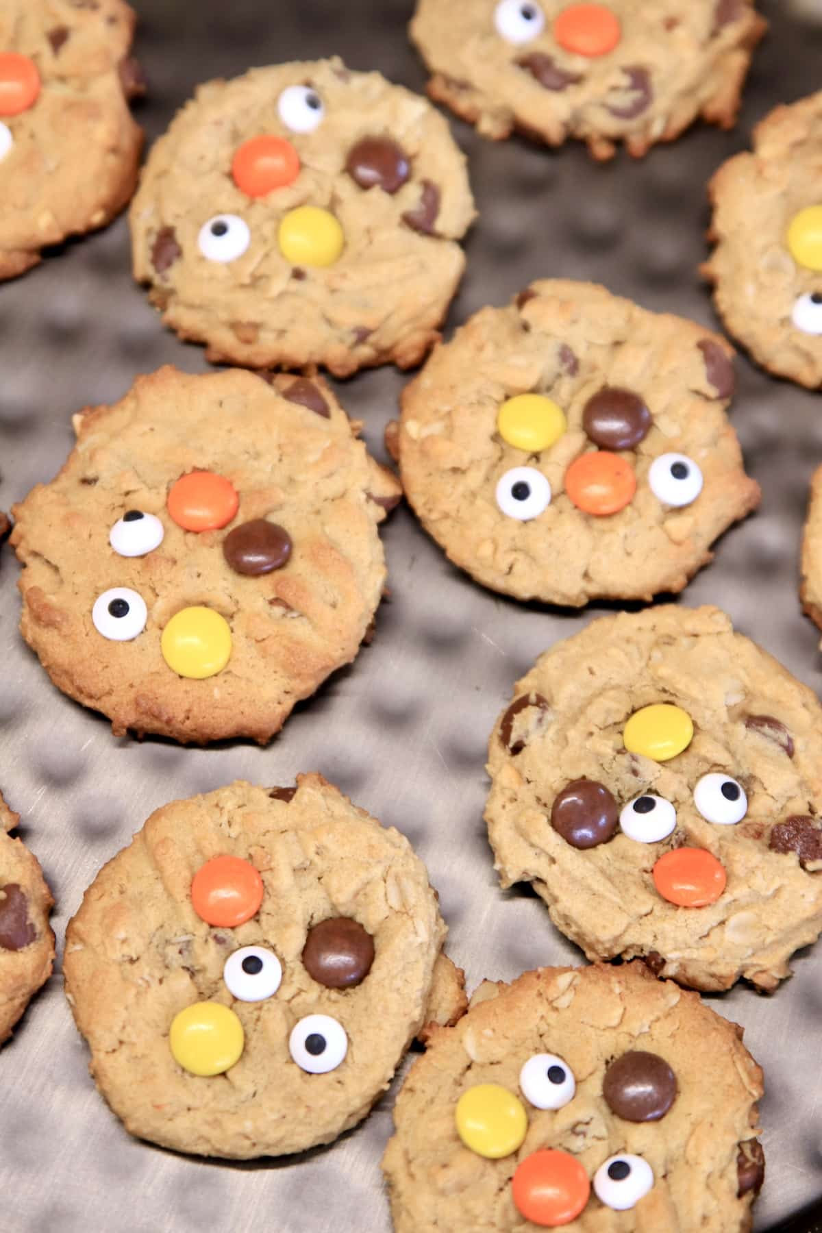 Platter of monster cookies with eyeball sprinkles. 