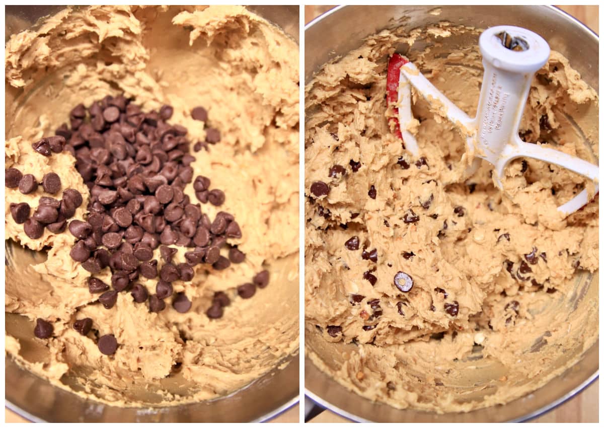 Collage adding chocolate chips to peanut butter cookie dough.