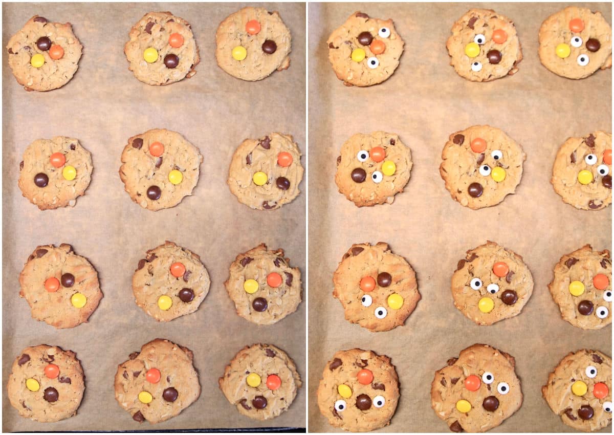 Collage: Monster cookies with reesse's pieces/ eyeball sprinkles added.