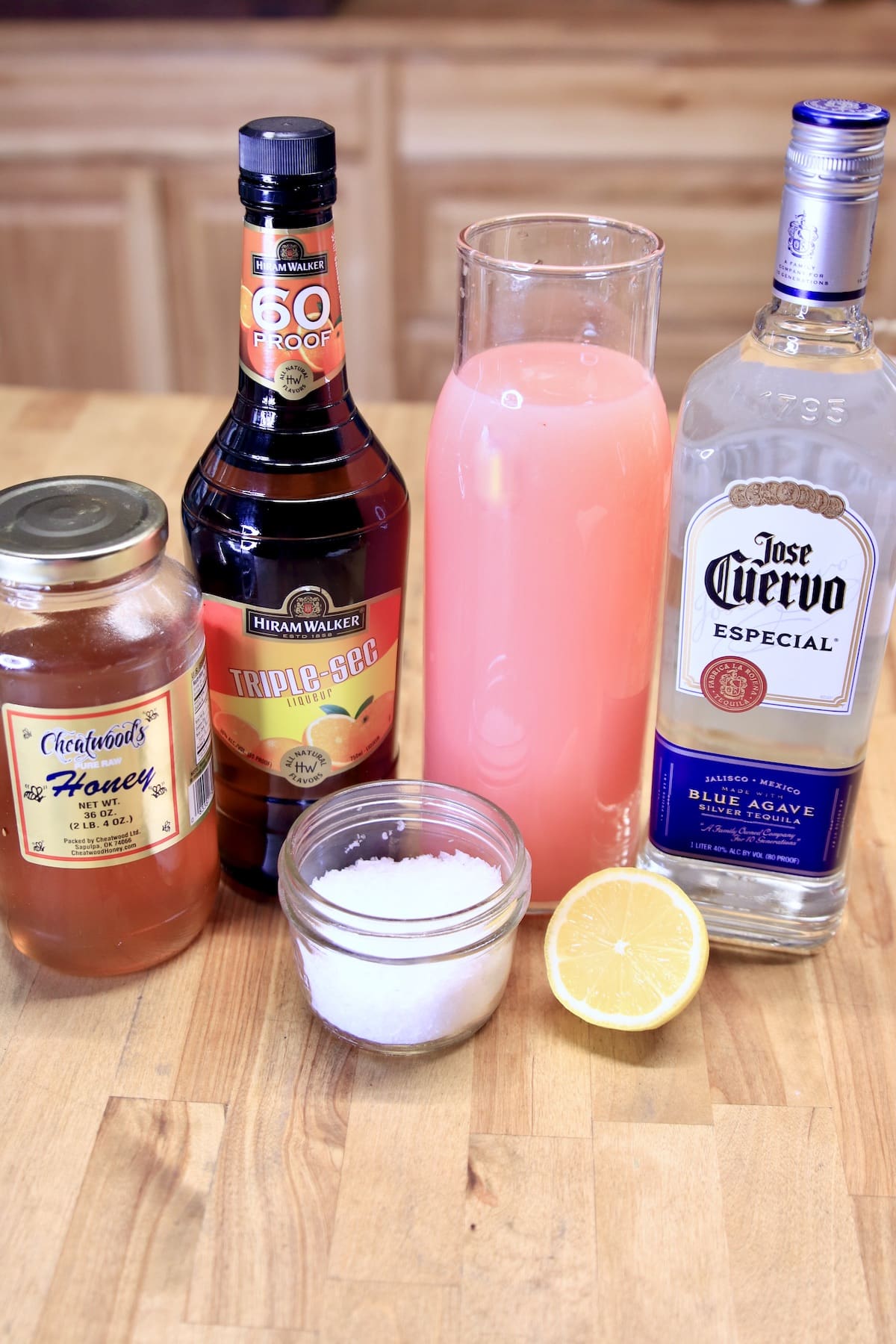 Ingredients for pink lemonade margaritas.