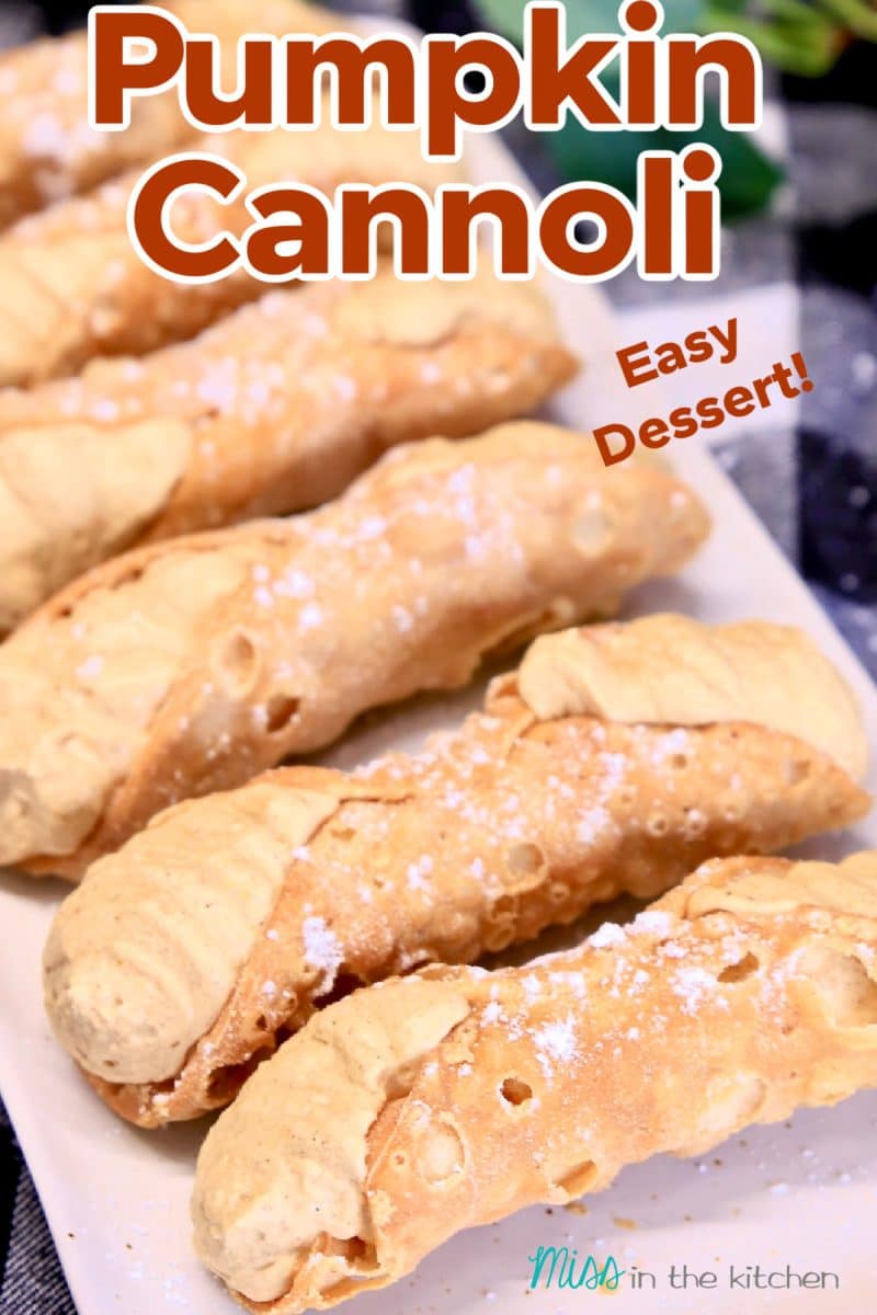 Platter of cannoli with pumpkin filling. Text overlay.