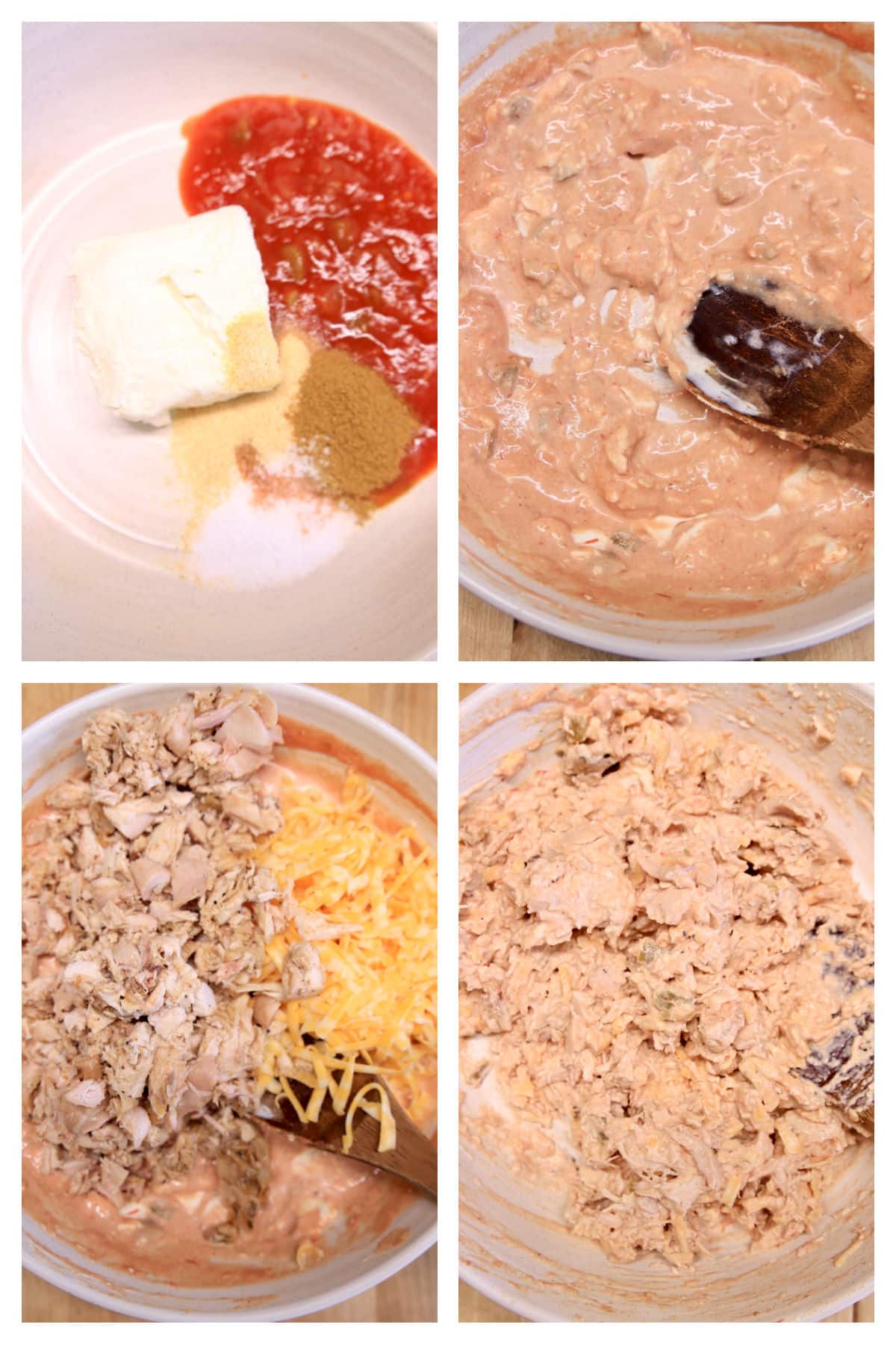 Collage making filling for cheesy chicken tacos.
