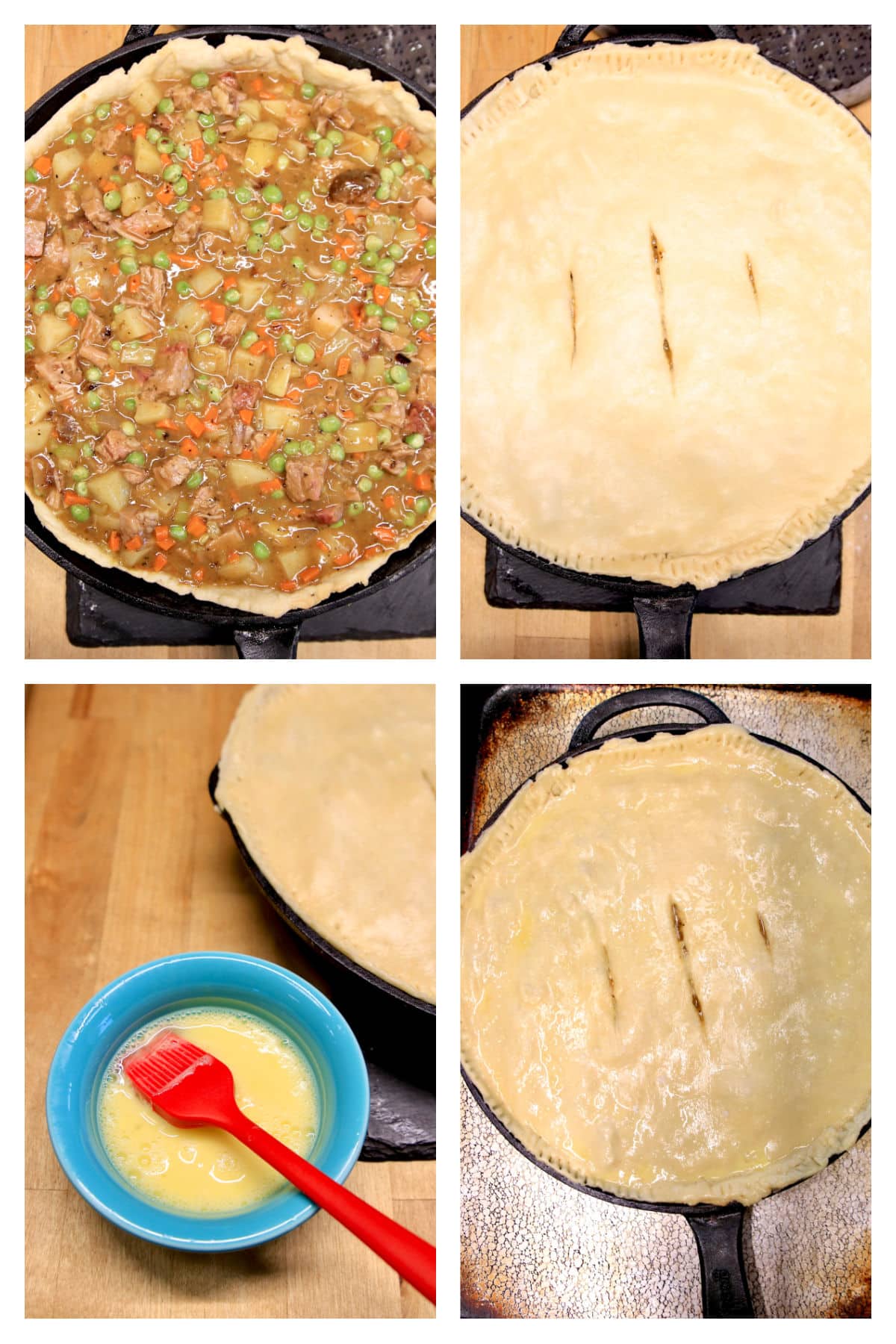 Collage making double crust pot pie in a skillet.