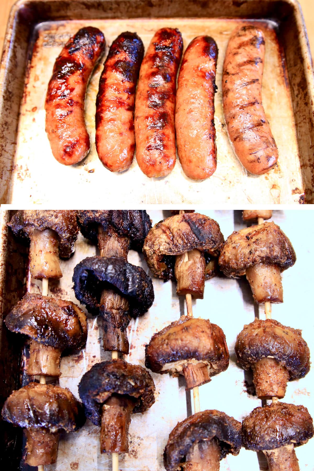 Collage, smoked Italian sausage links, mushrooms on skewers.