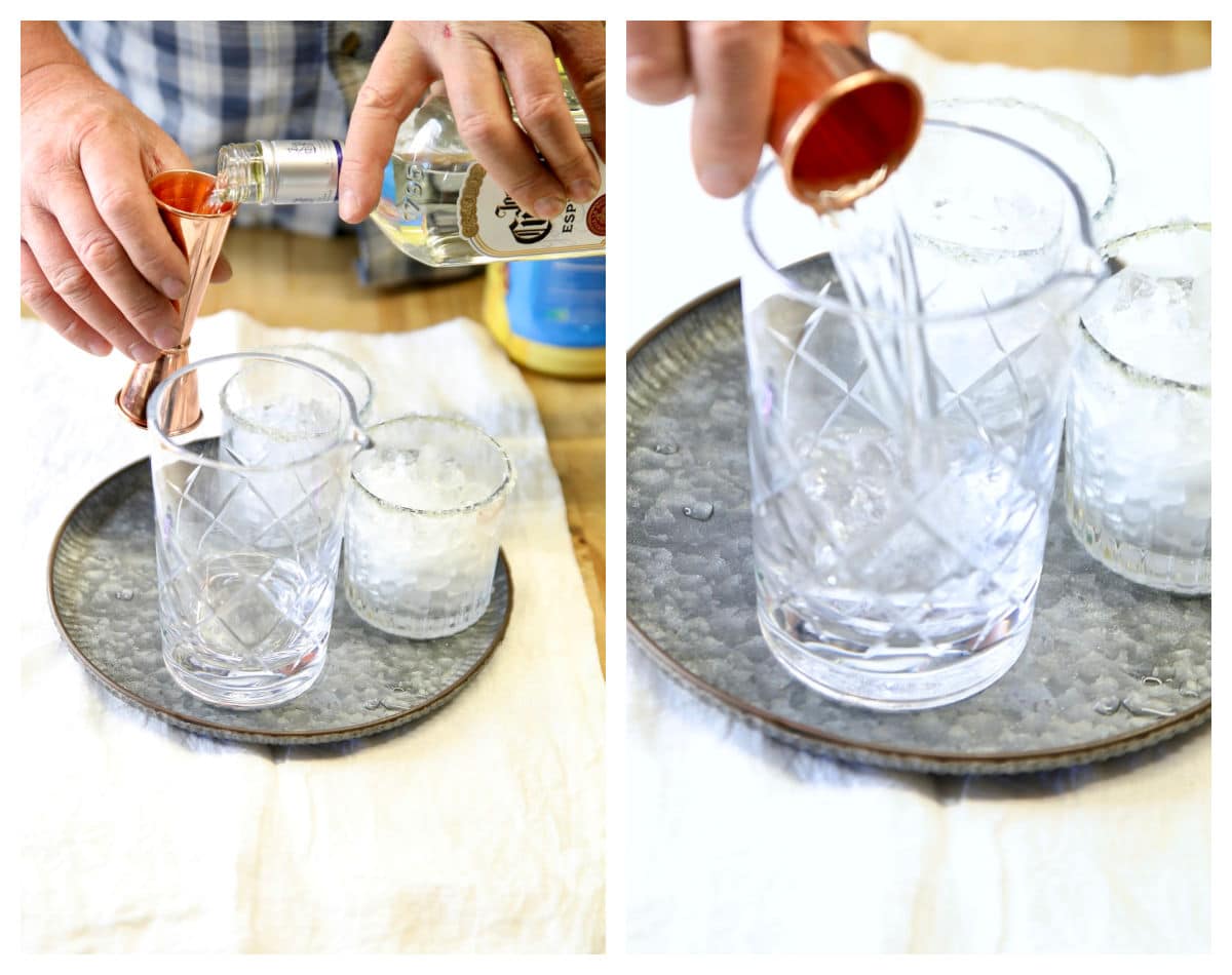 Collage: measuring tequila, pouring into mixer glass.