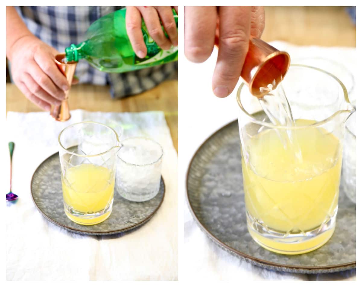 Ginger ale: measuring and pouring into mixer glass: collage.