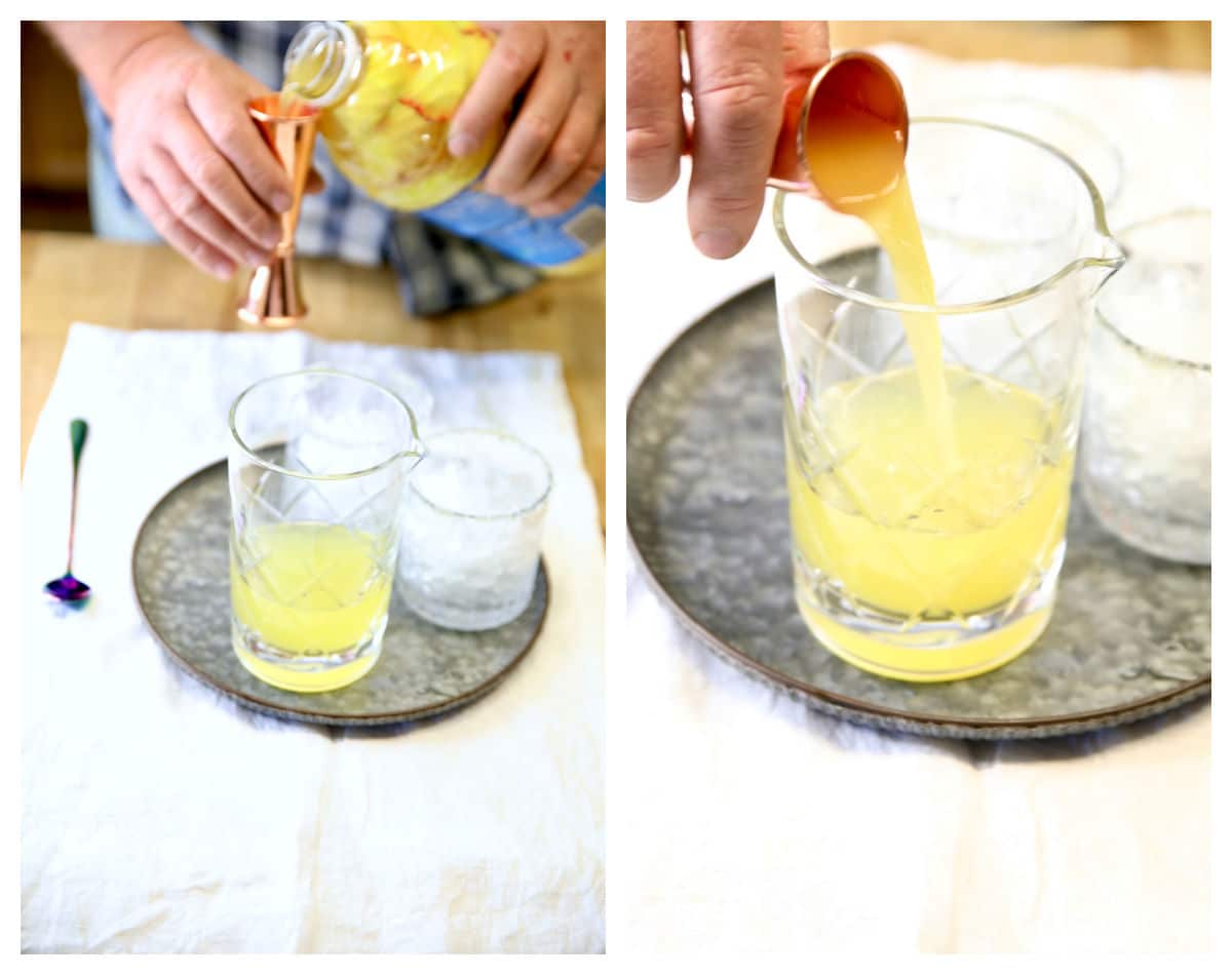 Measuring & pouring pineapple juice into a mixer glass.