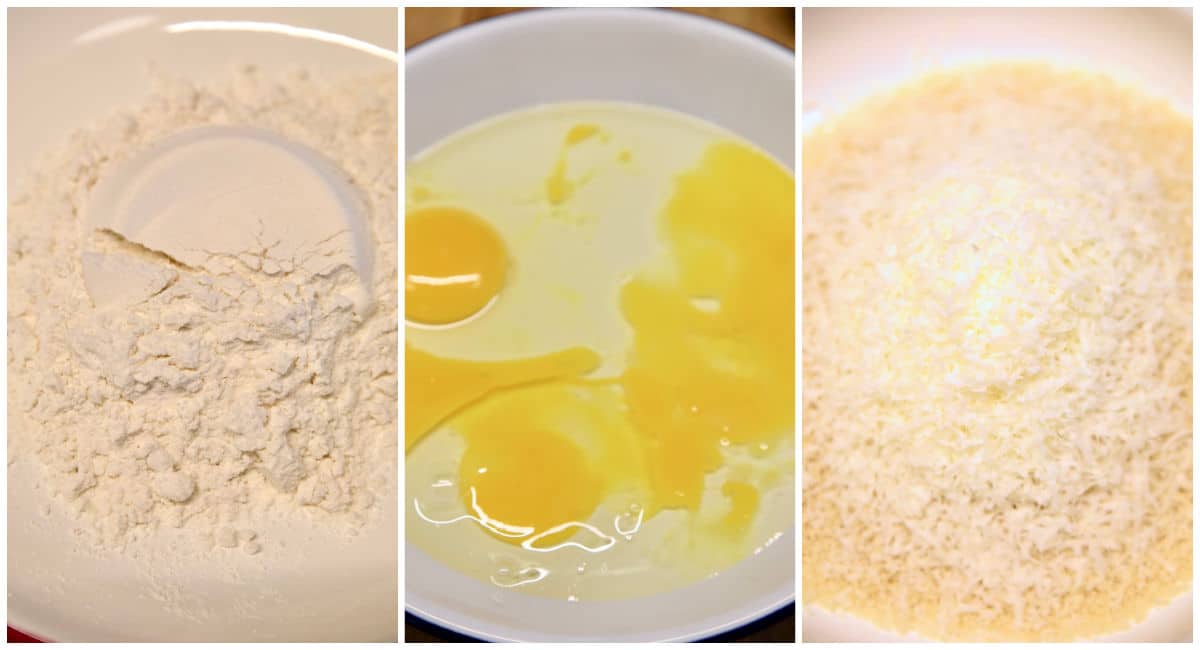 Collage: Bowl of flour/eggs/bread crumbs with parmesan.