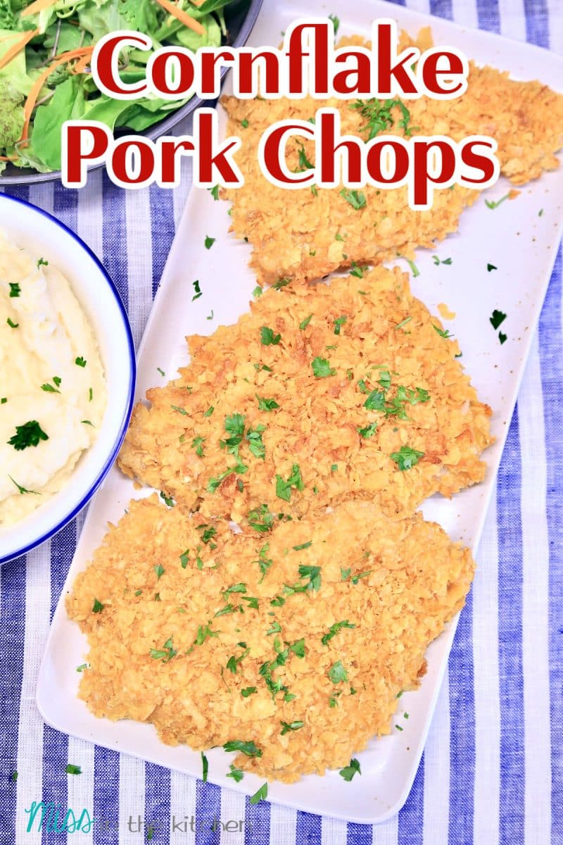 Cornflake Pork Chops on a platter. Text overlay.