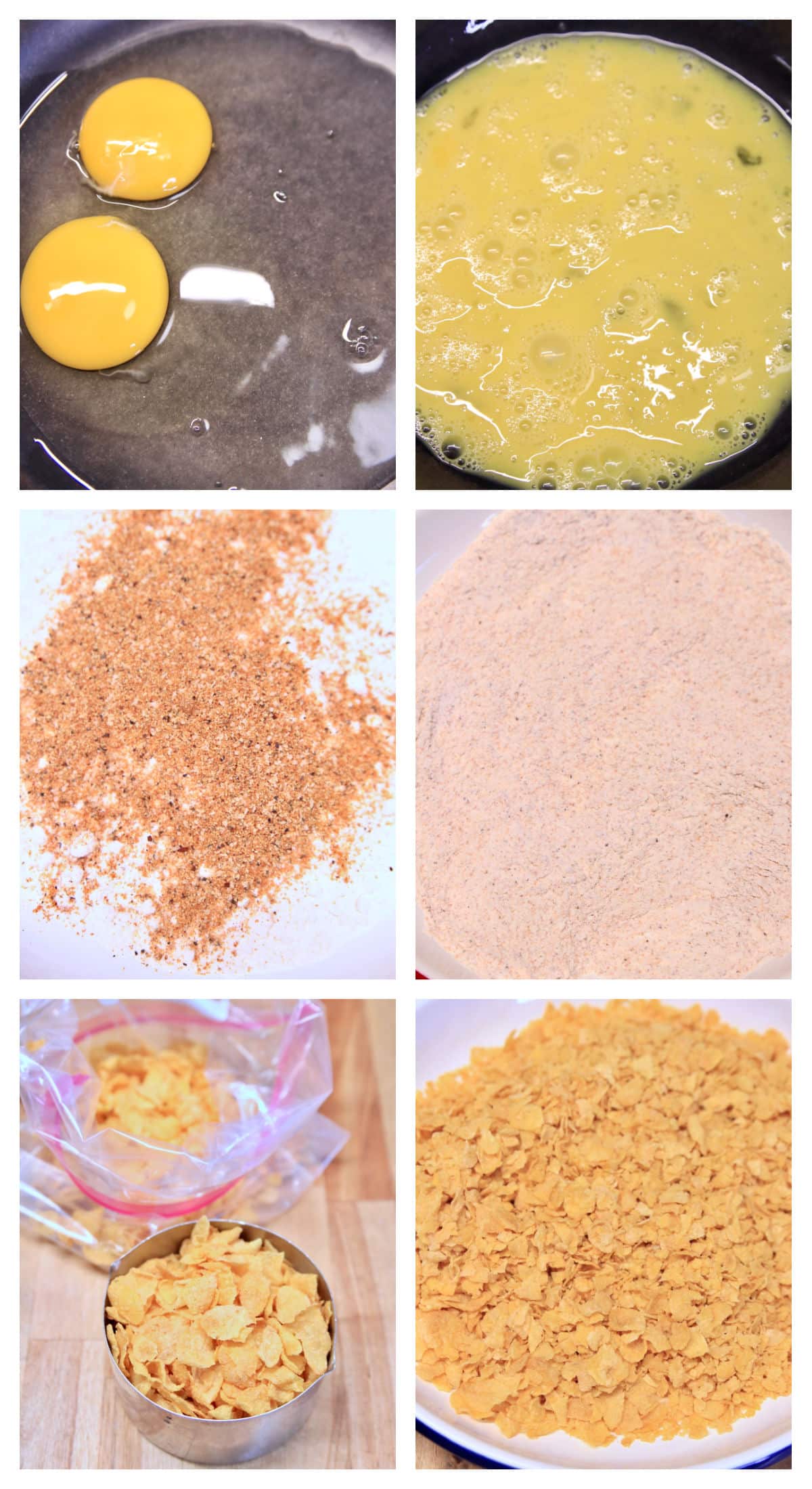 Collage making breading station with eggs, seasoned flour, crushed cornflakes.