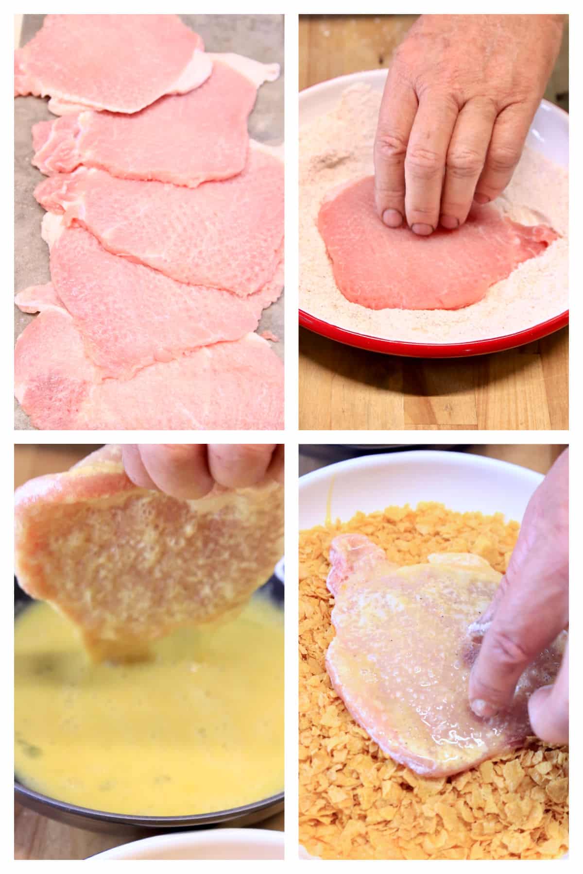 Collage: pork chops pounded thin, dredge in flour, dip in egg, coat with cornflakes.