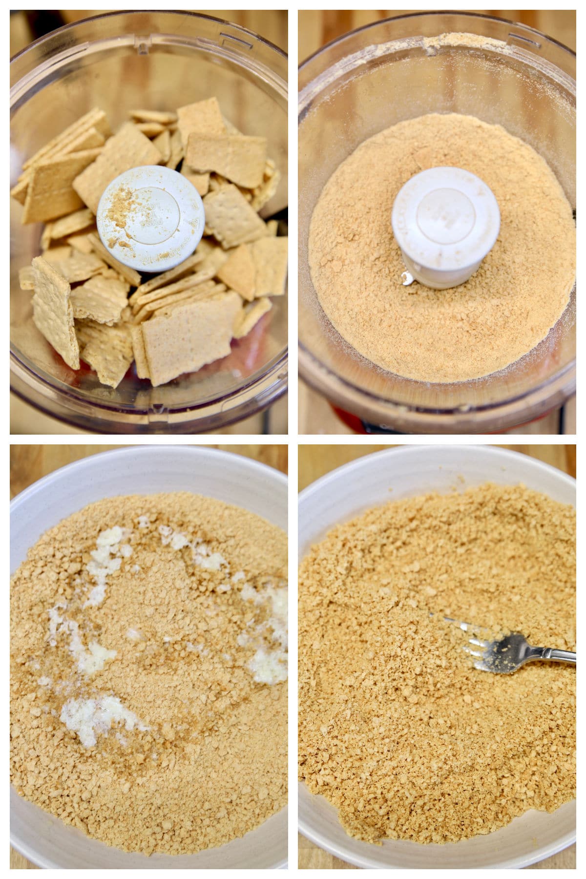 Collage making graham cracker crust with a food processor.