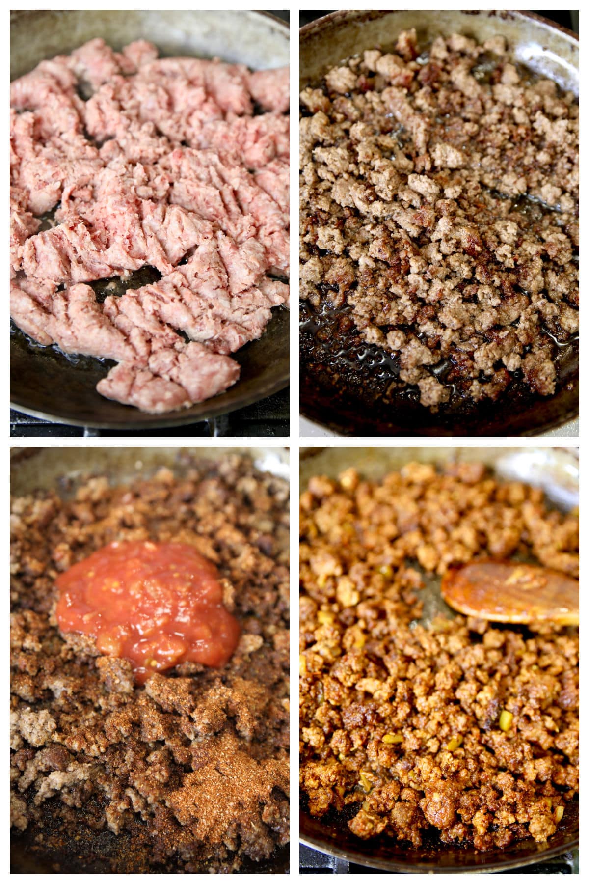 Collage browning ground beef, adding taco seasoning and salsa.