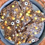 Halloween Chocolate Bark with sprinkles and candy corn.