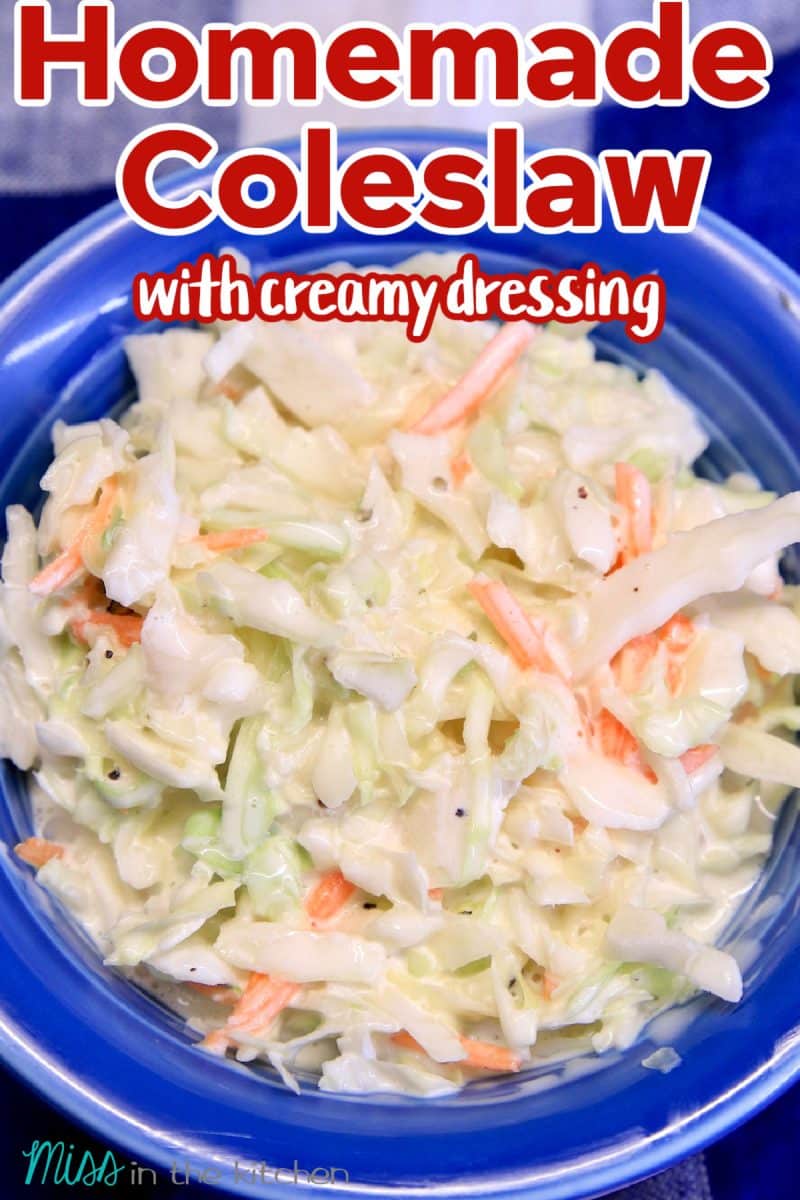 Blue bowl with coleslaw. Text overlay.