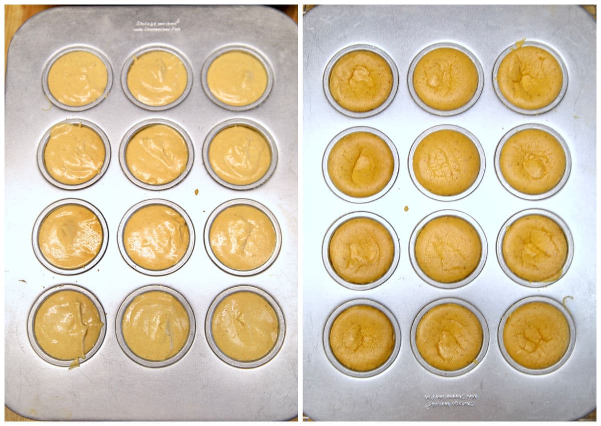 Collage: mini cheesecake pan: filled with pumpkin cheesecake/baked.
