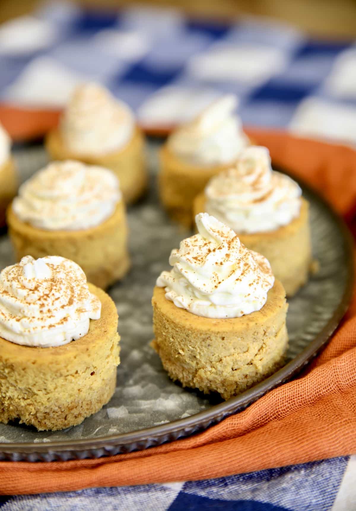 Tray of mini pumpkin cheesecakes with whipped cream.